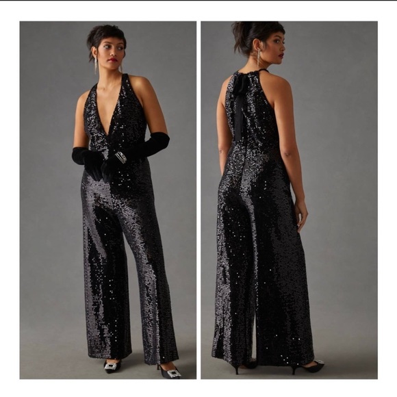 ANTHROPOLOGIE HUTCH SEQUIN HALTER JUMPSUIT BLACK  SIZE  8P NWT - Picture 8 of 17